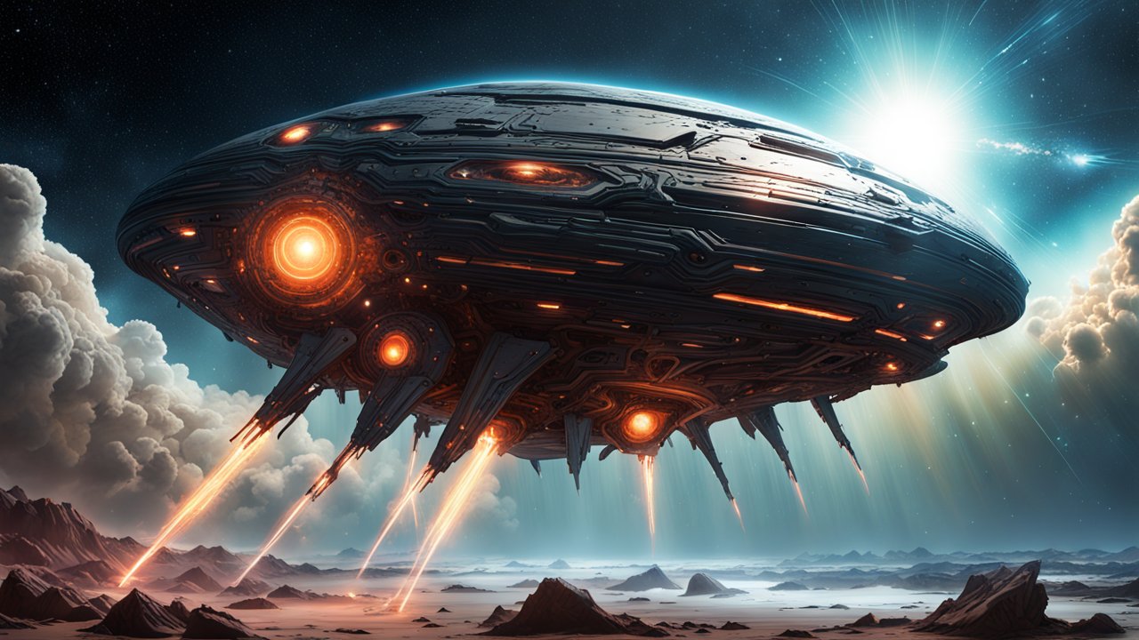 Warpdrive Spaceship Launching Over Alien Landscape