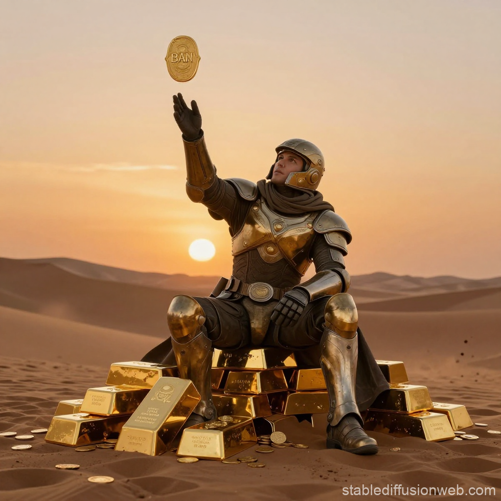 Warrior in Golden Armor Sitting on Gold Bars in Desert