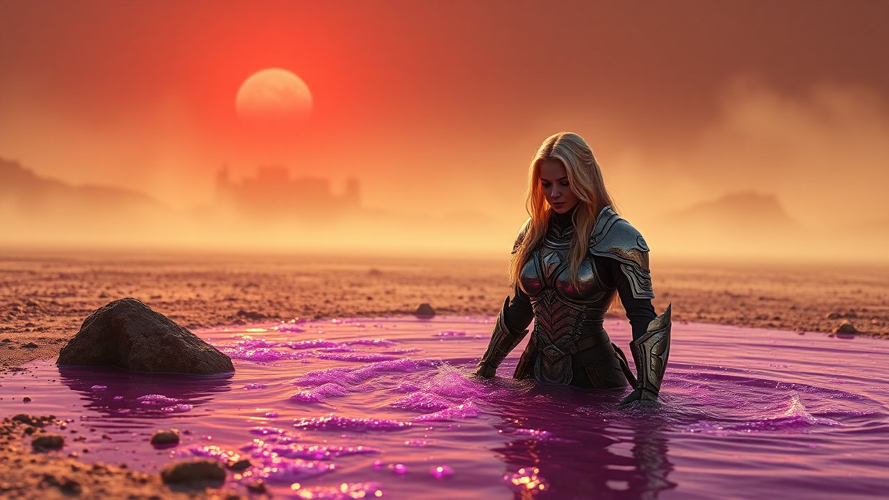 Warrior in Purple Liquid at Sunset