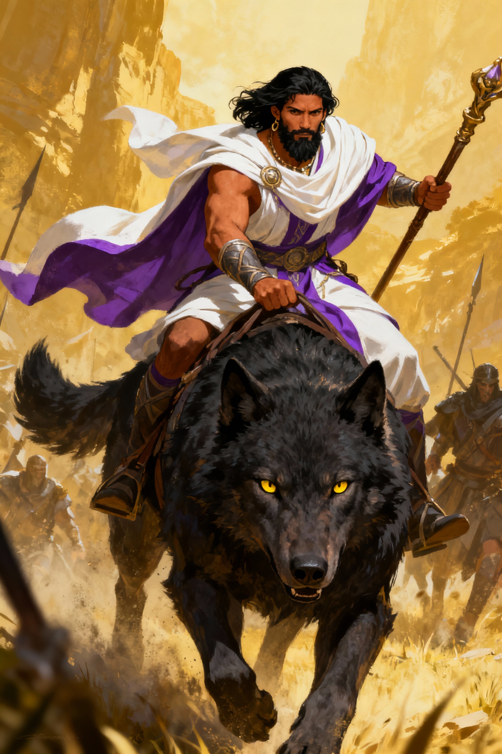 Warrior Riding a Giant Black Wolf in a Desert Battle