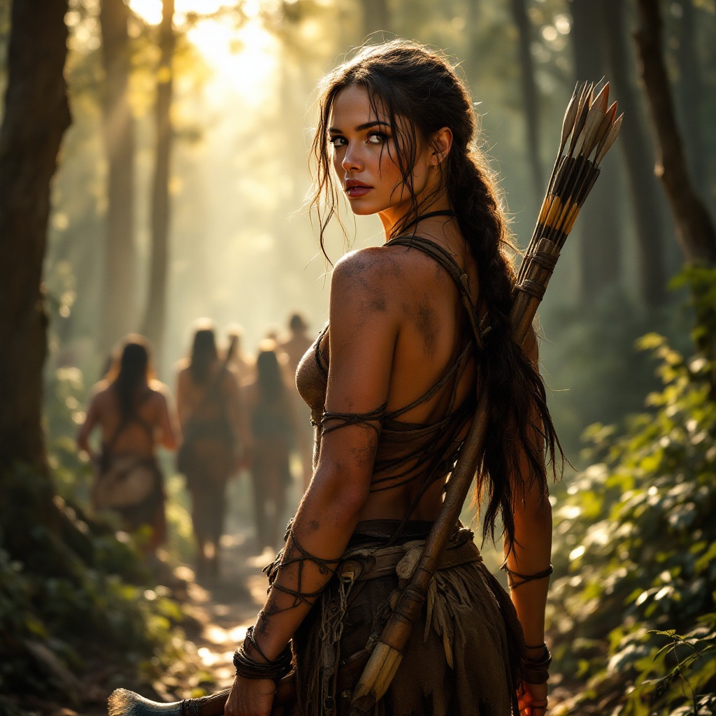 Warrior Woman with Bow and Arrows in Forest