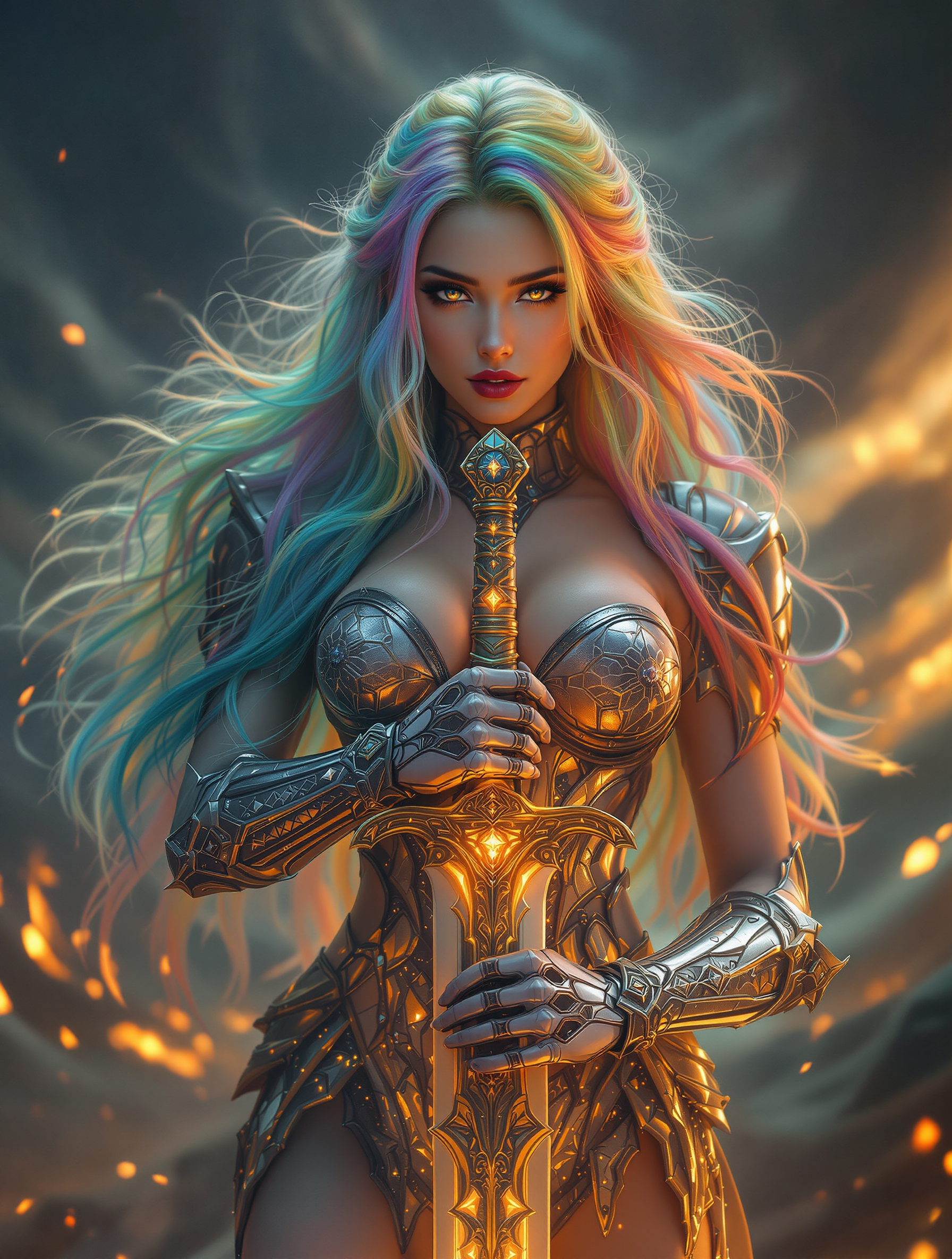 Warrior Woman with Rainbow Hair and Glowing Sword