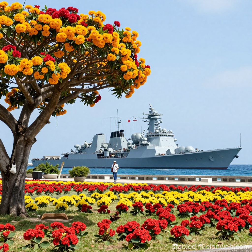 Warship by Vibrant Flower Garden on a Sunny Day