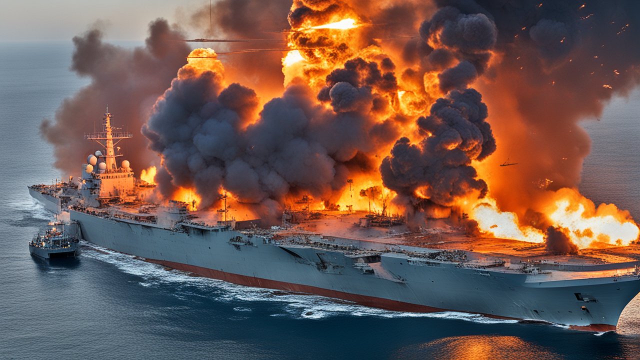 Warship Engulfed in Massive Explosion at Sea