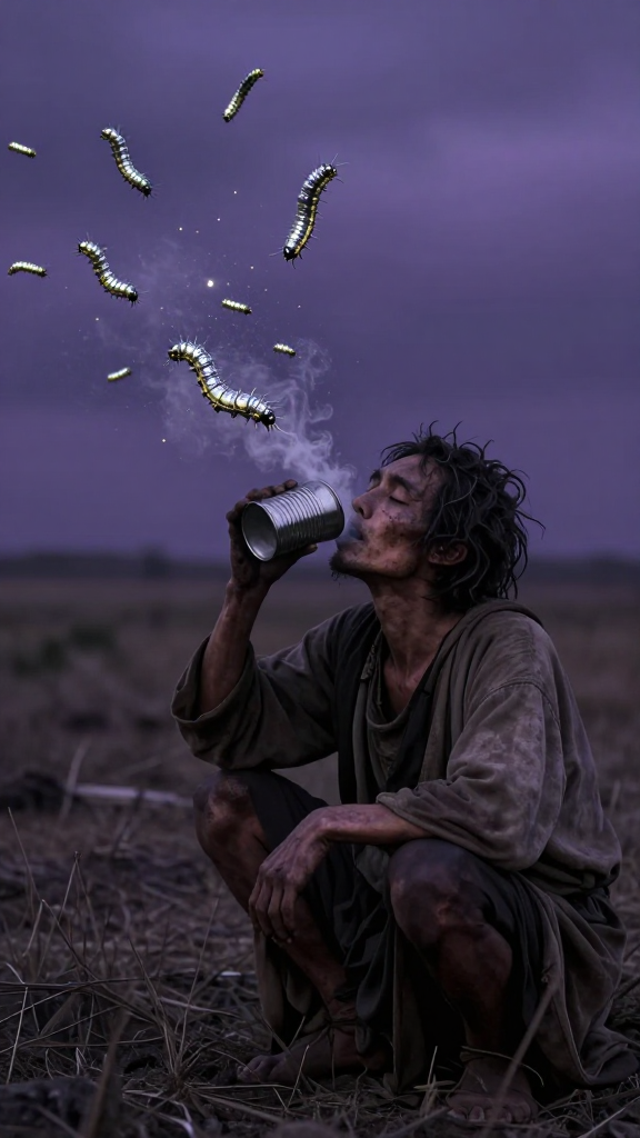 Wasteland Devotee Drinking from a Tin Can with Glowing Caterpillars