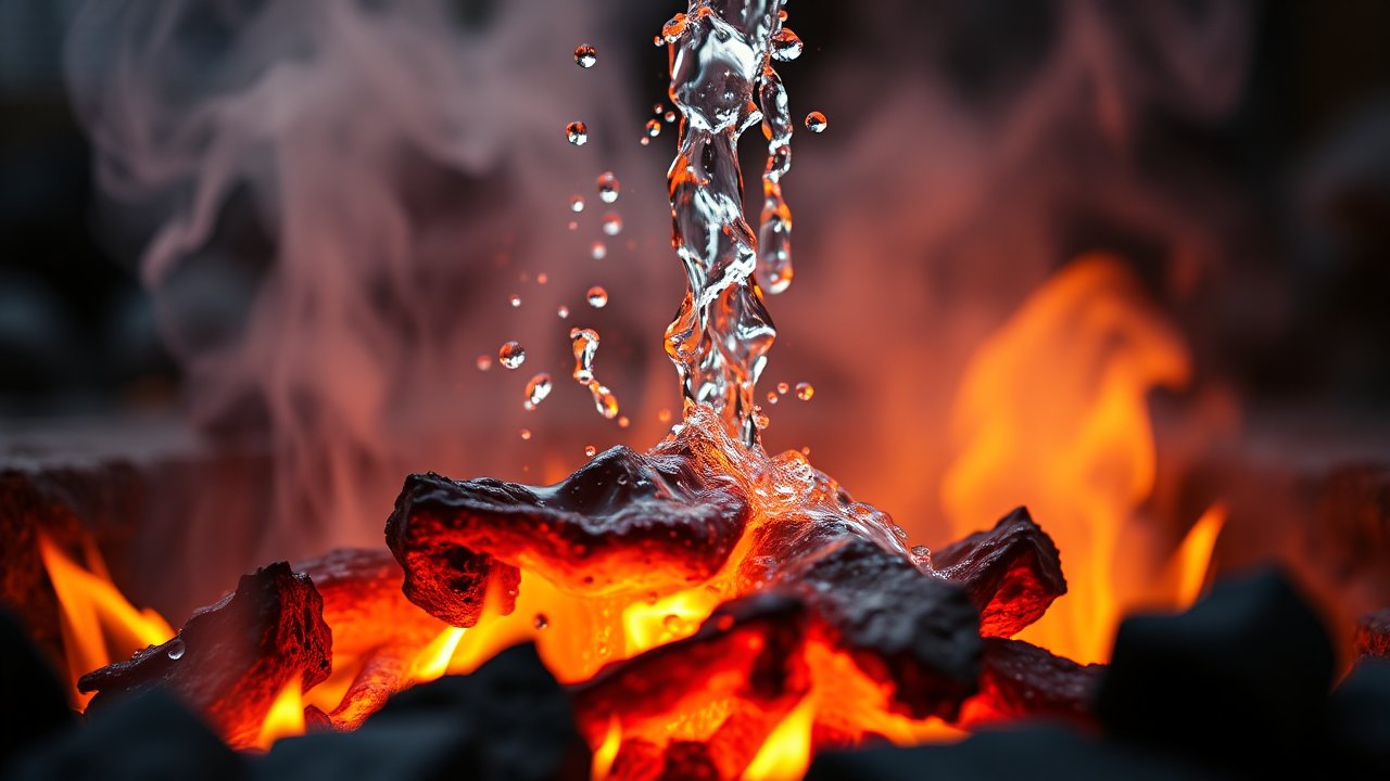 Water Droplets Falling on Glowing Hot Coals