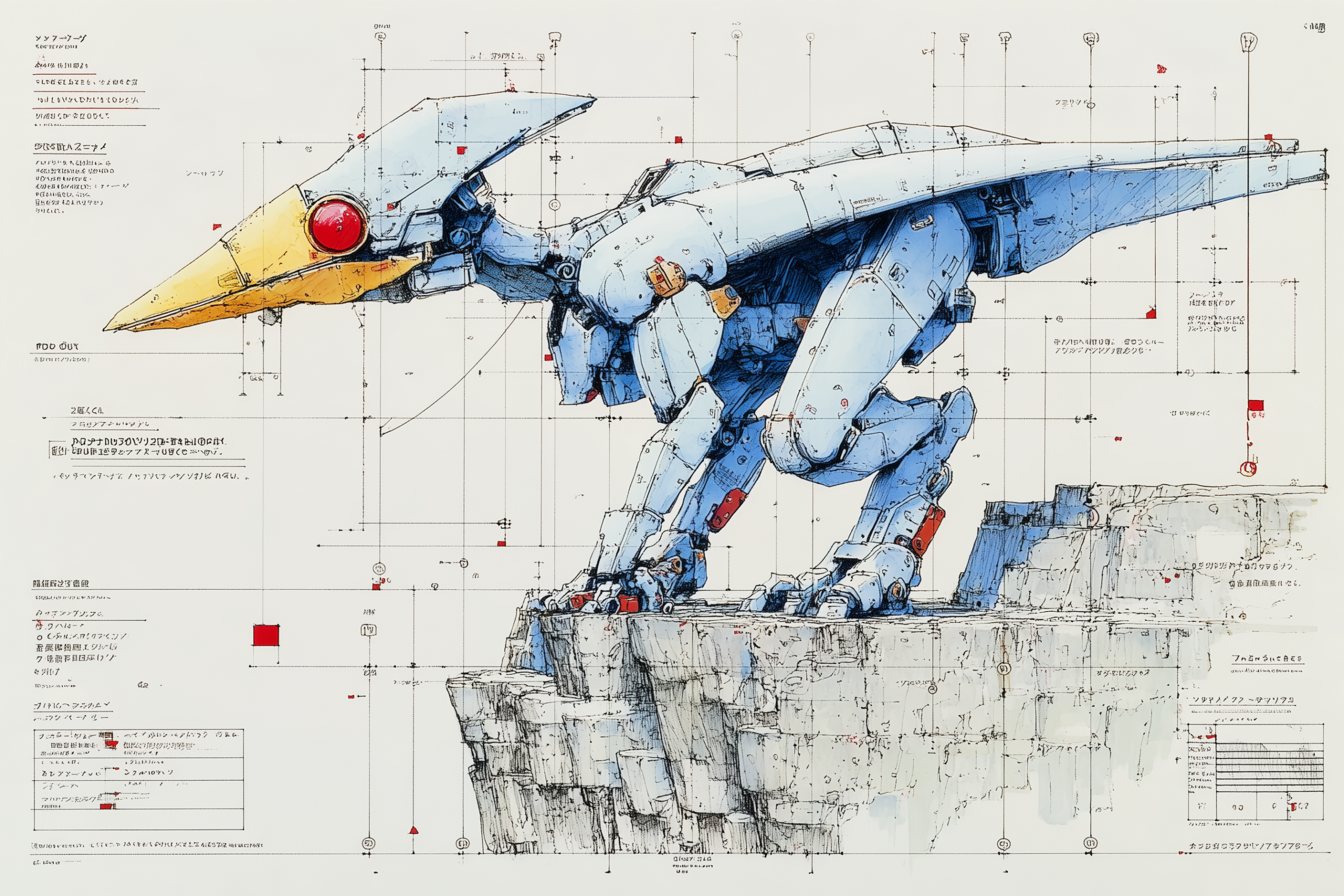 Watercolor and Ink Mechanical Bird Robot on Cliff