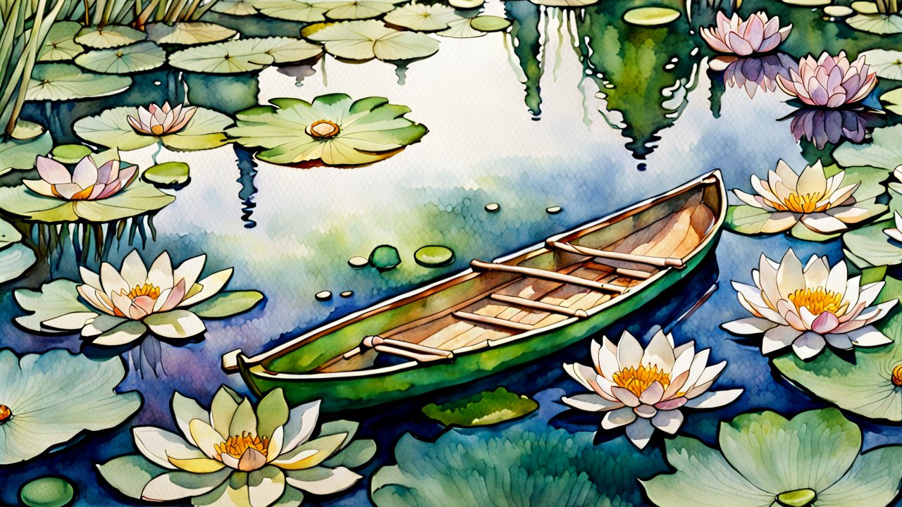 Watercolor Boat Among Water Lilies