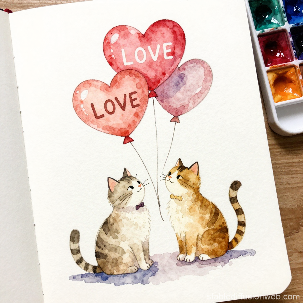 Watercolor Cats with Heart-Shaped Love Balloons