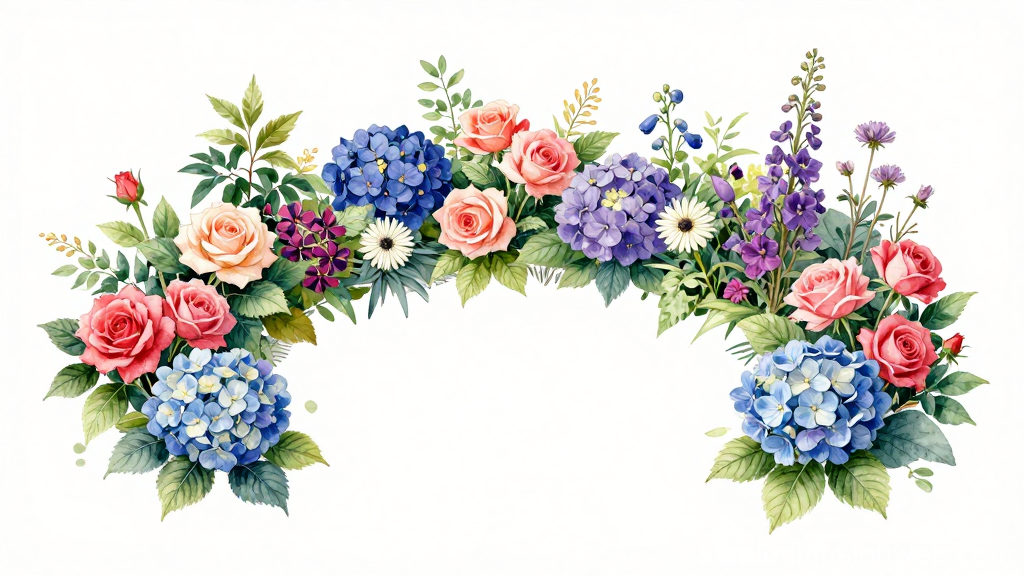 Watercolor Floral Garden Border with Roses and Hydrangeas