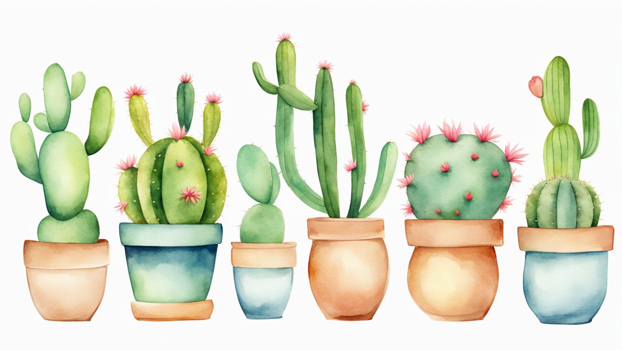 Watercolor Illustration of Potted Cacti