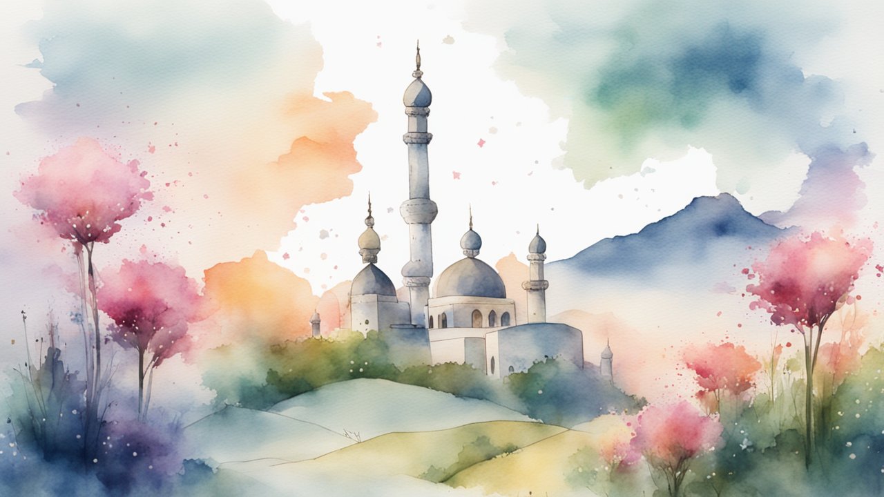 Watercolor Landscape with Mosque and Blossoming Trees