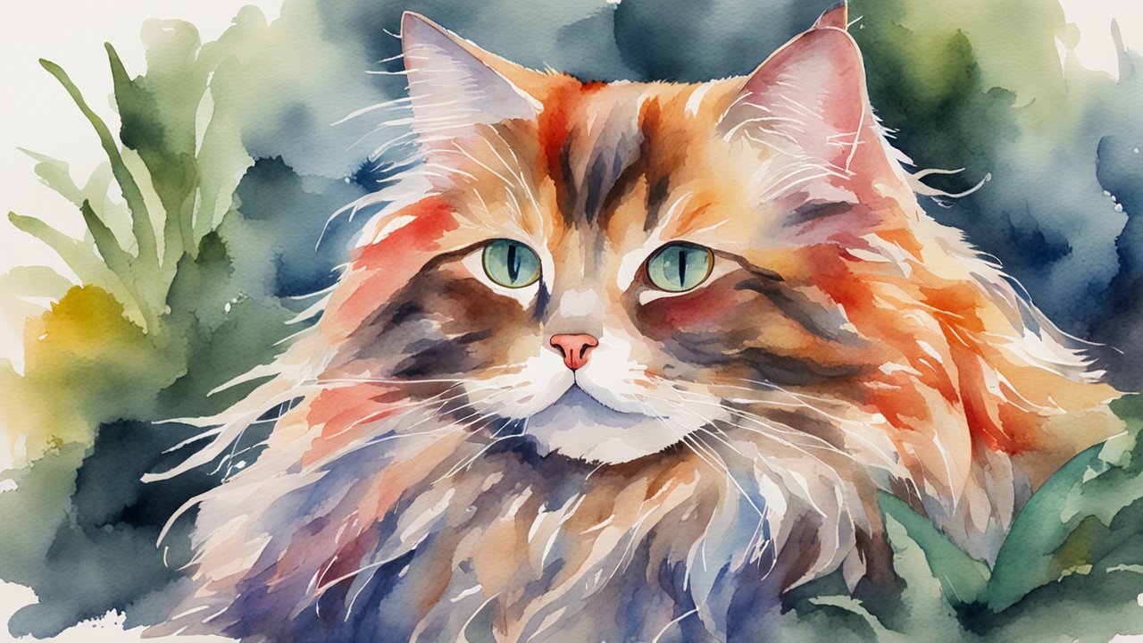 Watercolor Painting of a Long-Haired Cat