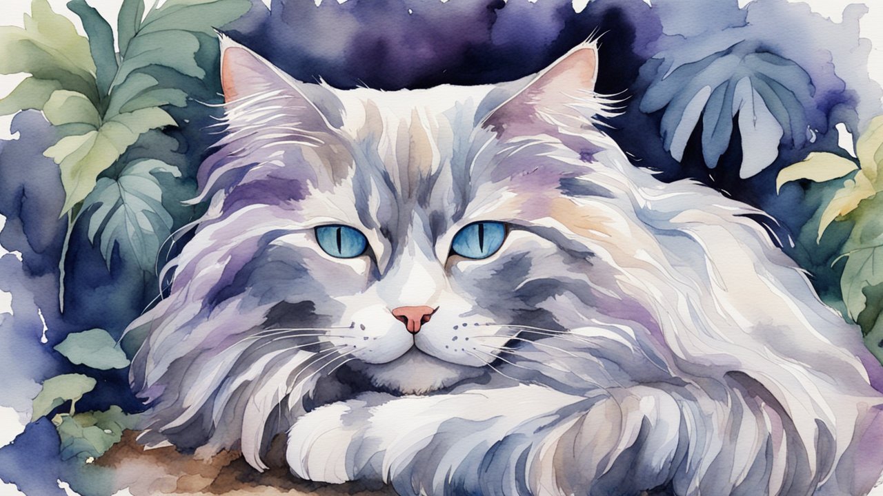 Watercolor Painting of a Long-Haired Cat with Blue Eyes