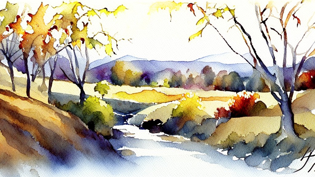 Watercolor Painting of a Vineyard Hill Landscape