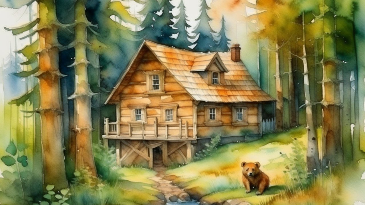 Watercolor Painting of a Wooden Cabin in the Forest with a Bear Cub