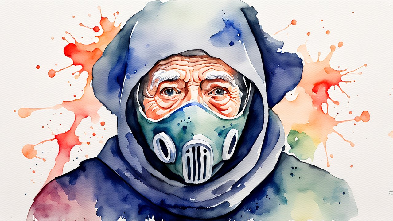Watercolor Painting of Elderly Person Wearing Protective Mask