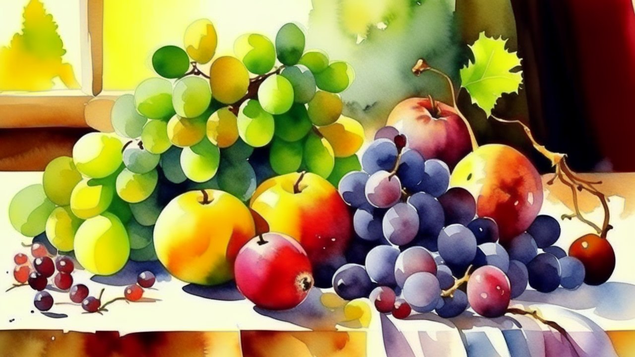 Watercolor Painting of Fresh Grapes and Apples on Table