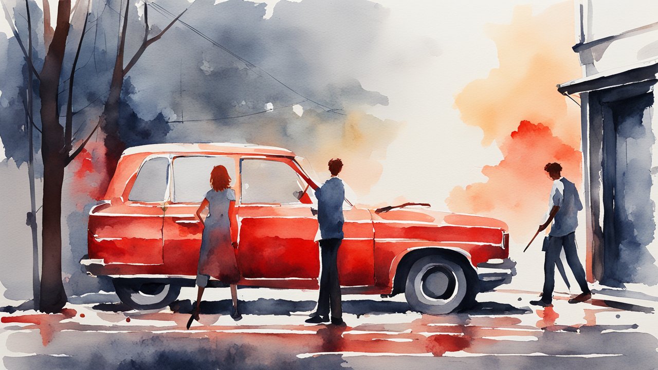Watercolor Painting of People Around a Red Vintage Car