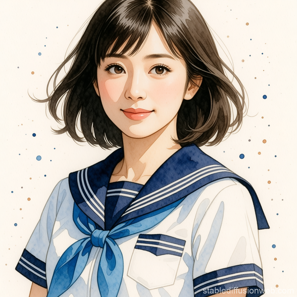 Watercolor Portrait of a Girl in Sailor Uniform