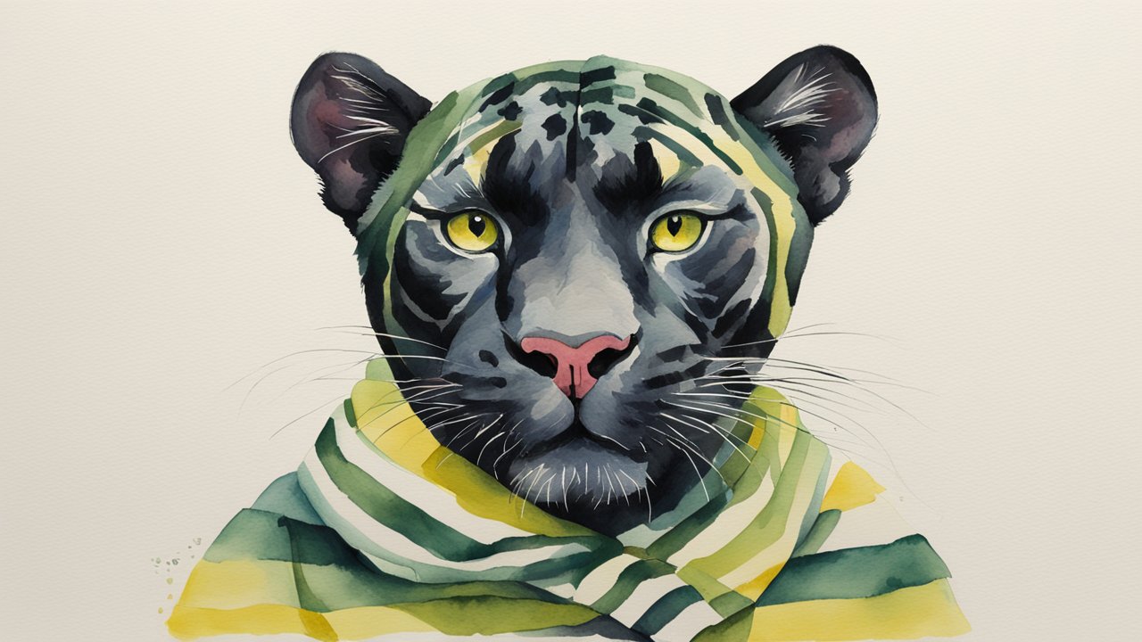 Watercolor Portrait of a Panther with Striped Scarf