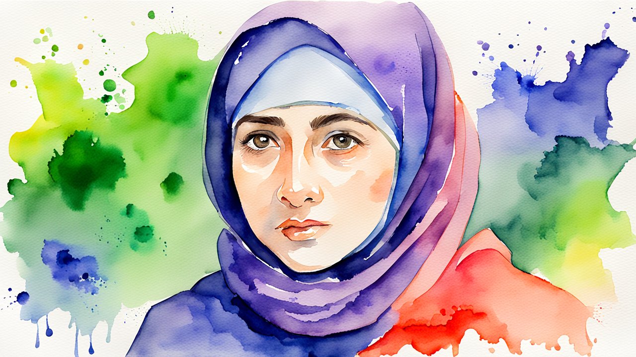 Watercolor Portrait of a Woman in Hijab with Colorful Background