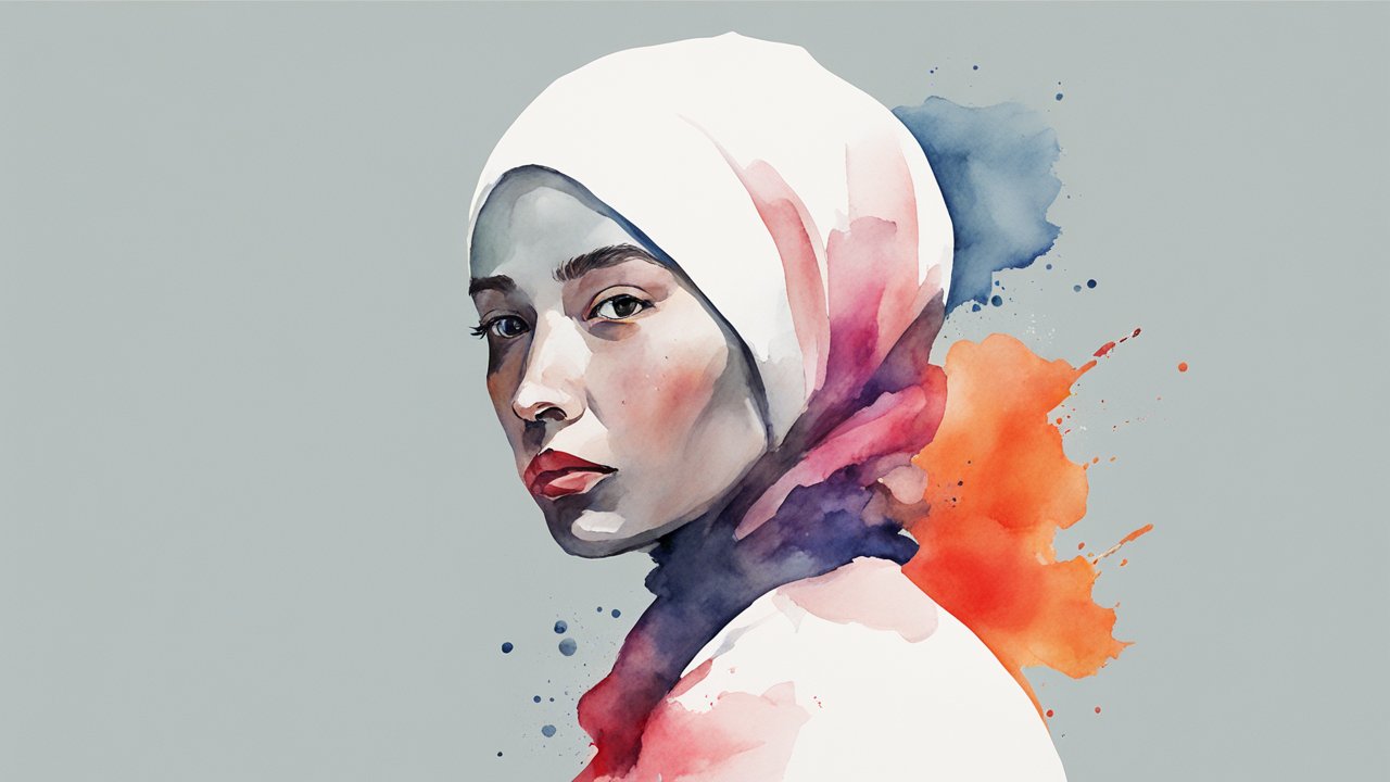 Watercolor Portrait of a Woman in Hijab with Colorful Splashes