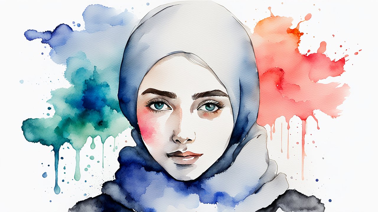 Watercolor Portrait of a Woman in Hijab with Colorful Splashes