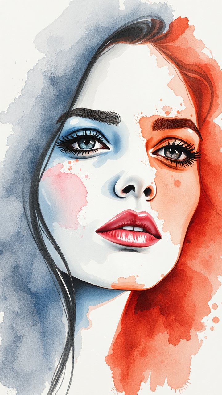 Watercolor Portrait of a Woman with Blue and Red Accents
