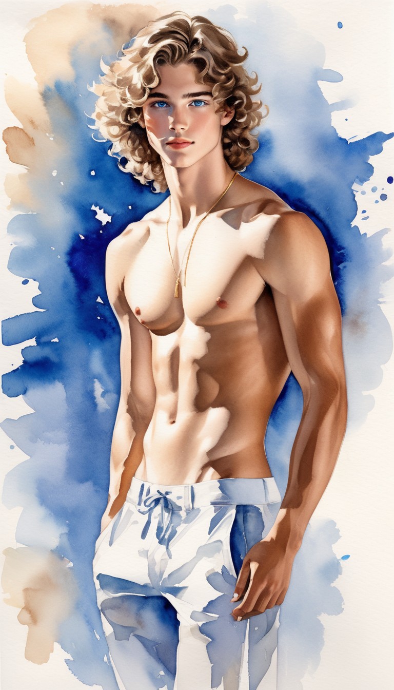 Watercolor Portrait of a Young Man with Curly Hair