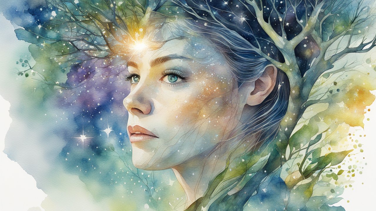 Watercolor Portrait of Woman Merging with Tree and Cosmic Elements