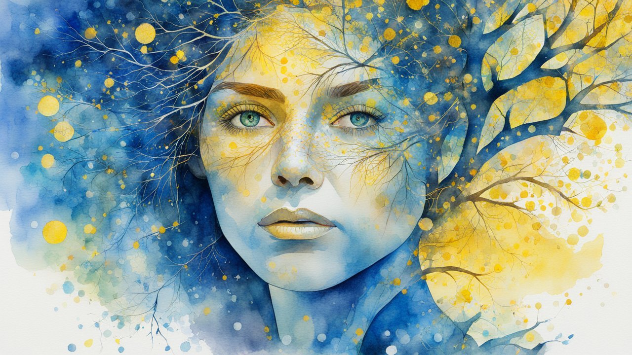 Watercolor Portrait of Woman with Tree Branches