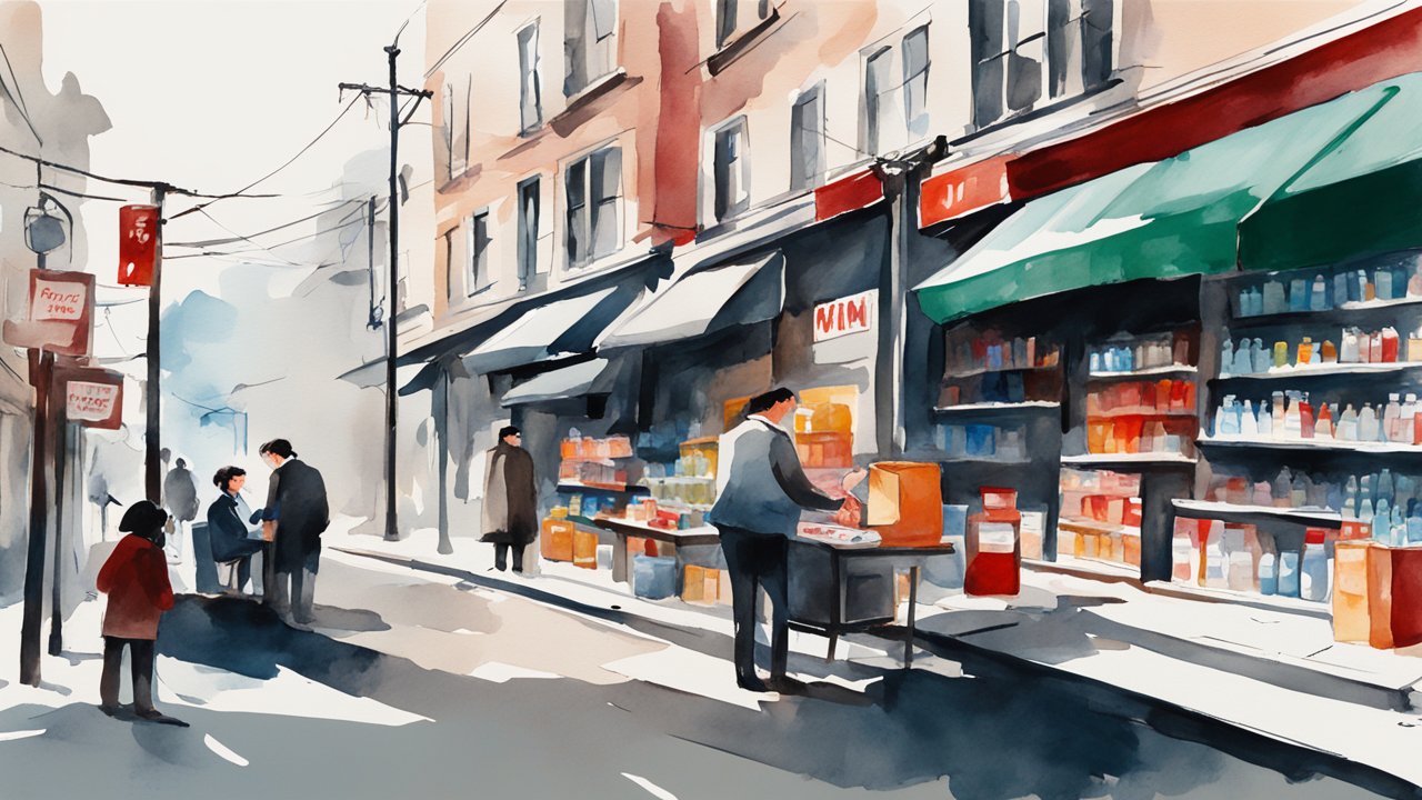 Watercolor Street Market Scene with Shoppers