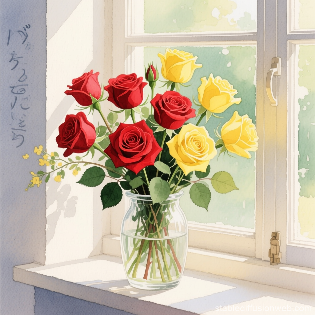 Watercolor Style Bouquet of Red and Yellow Roses on Window Sill