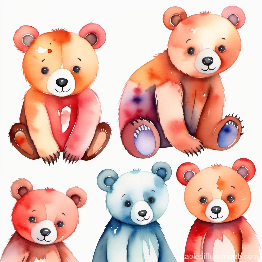 Watercolor Style Cute Teddy Bears Set