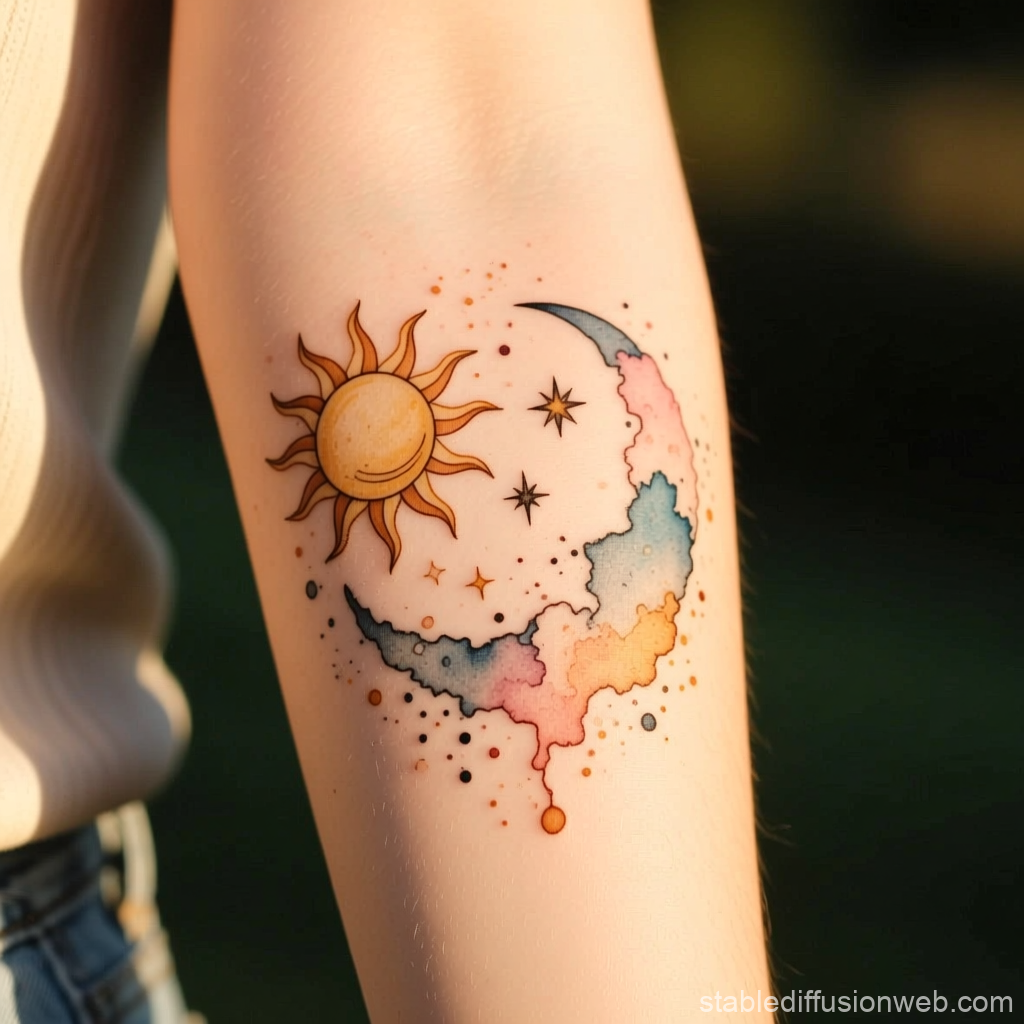 Watercolor Sun and Moon Tattoo with Stars