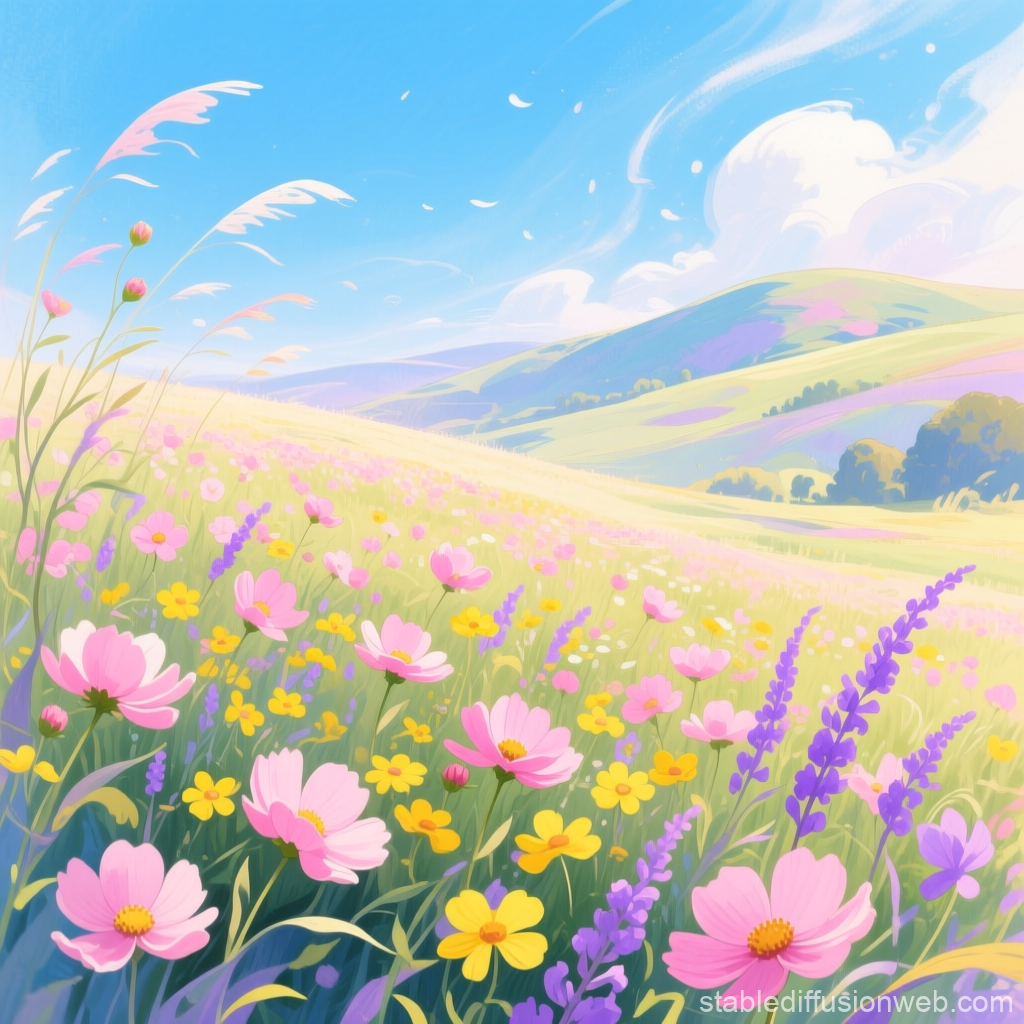 Watercolor Wildflower Field Under a Bright Blue Sky