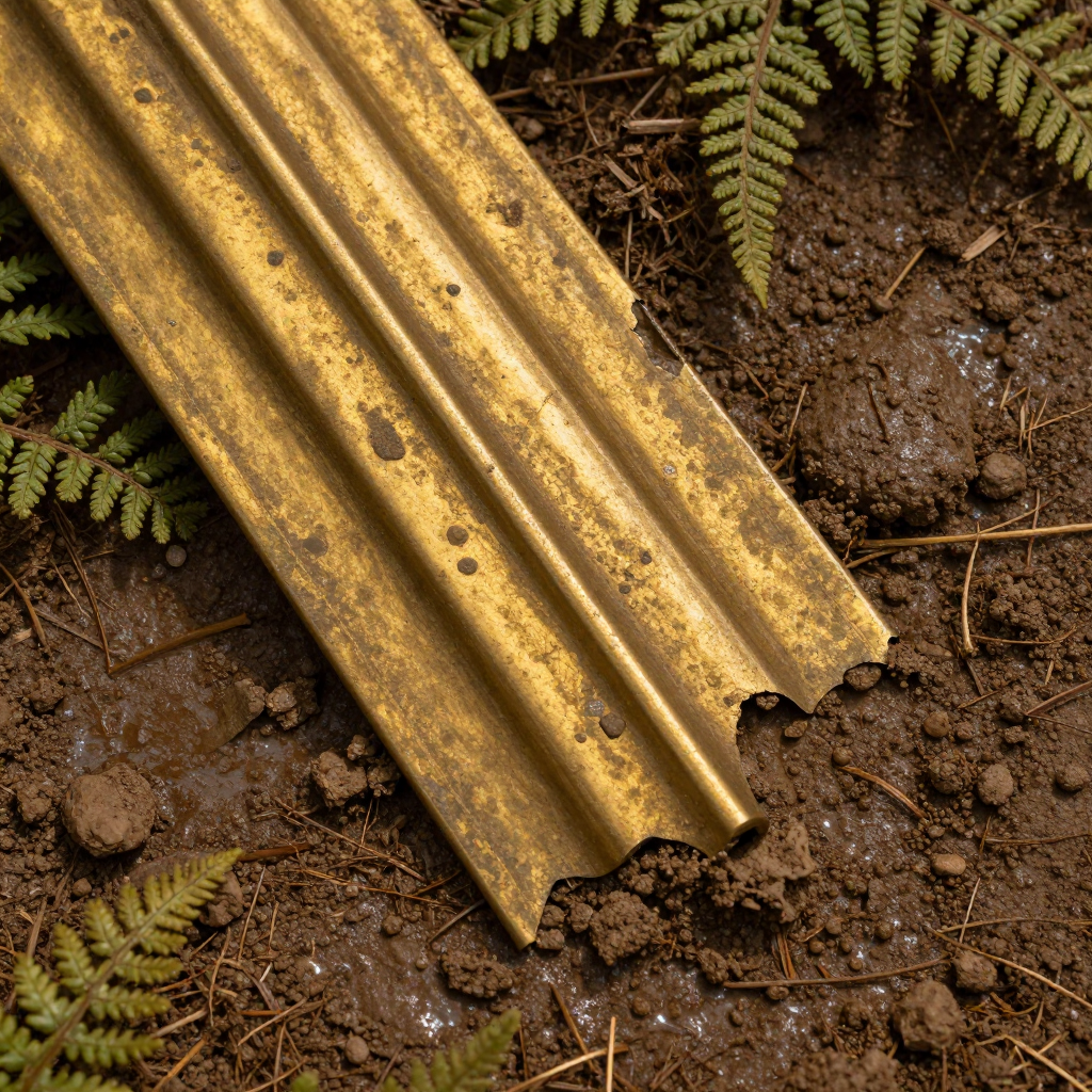 Weathered Brass Molding on Earth with Ferns