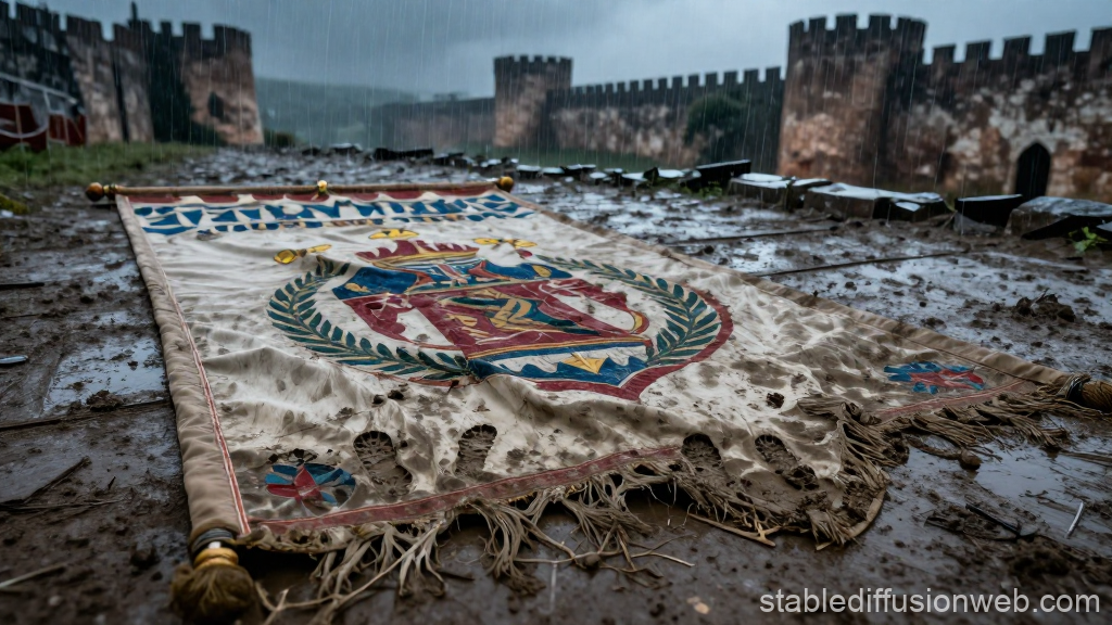 Weathered Byzantine Banner on Muddy Castle Ground