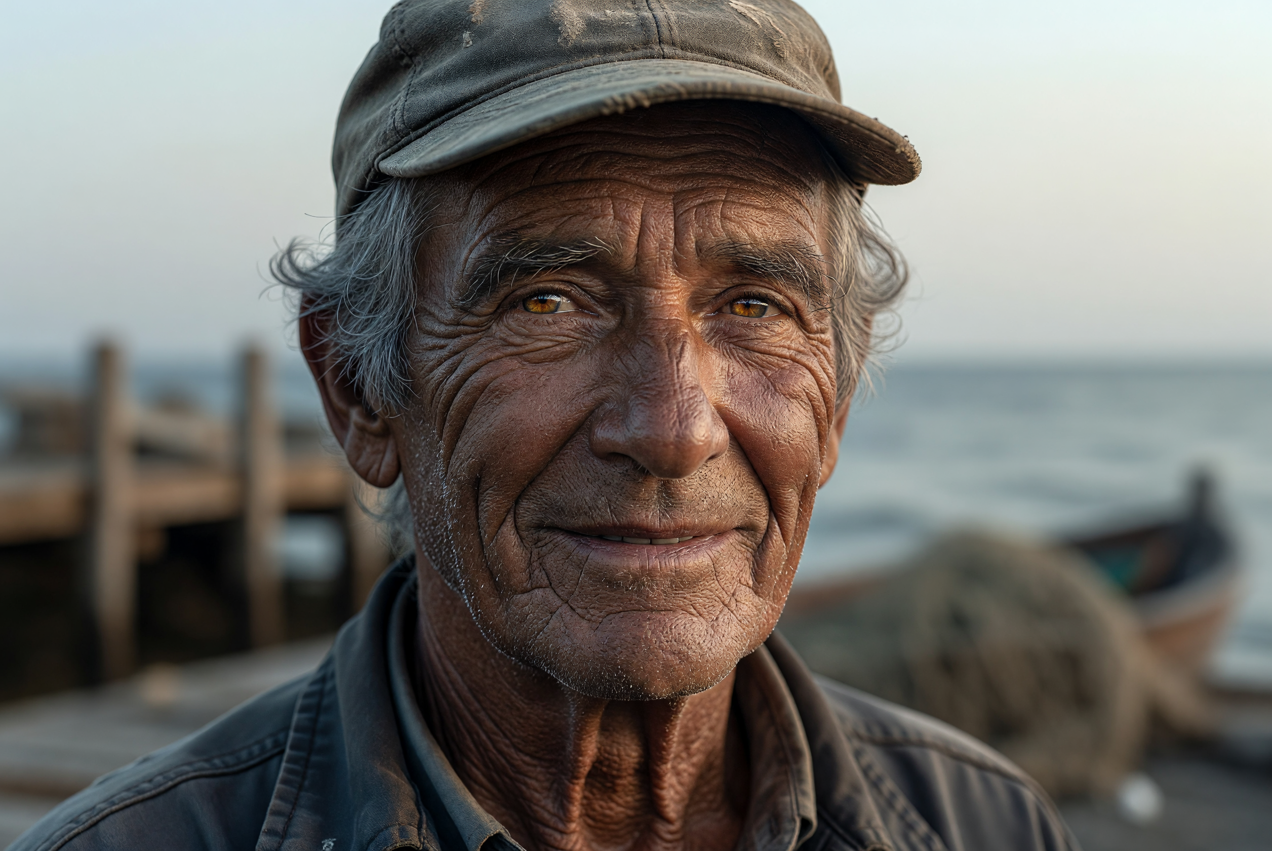 Weathered Eyes of an Elderly Fisherman by the Sea