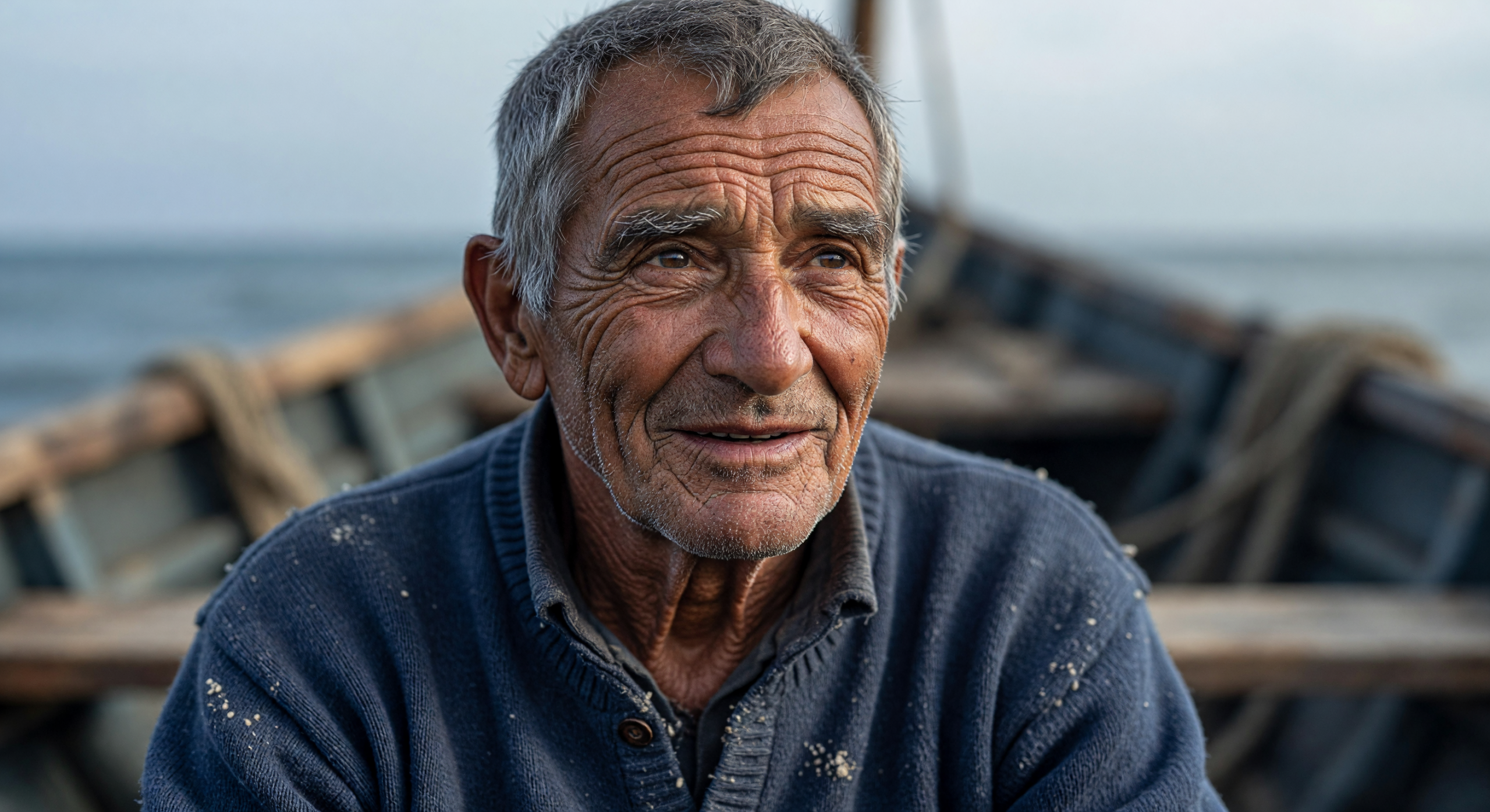 Weathered Fisherman with Kind Eyes on a Boat