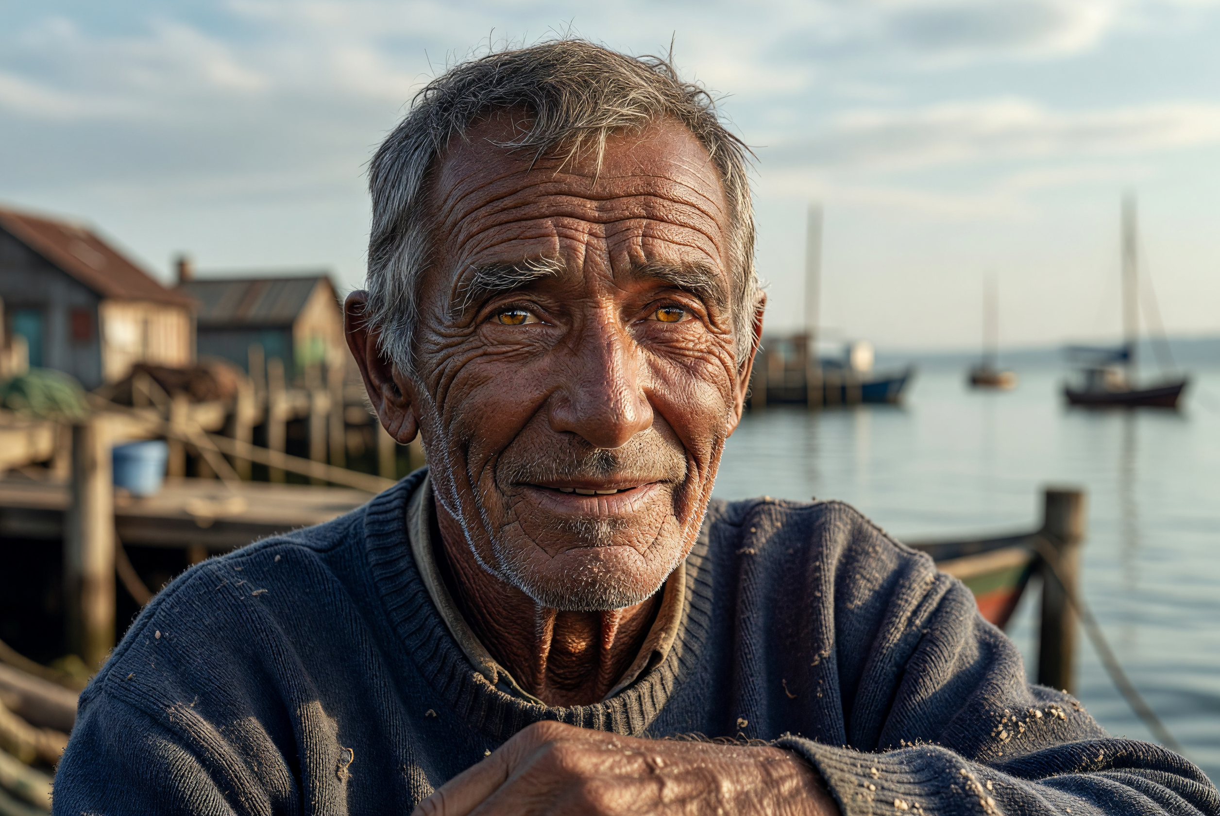 Weathered Fisherman with Kind Gaze by the Harbor