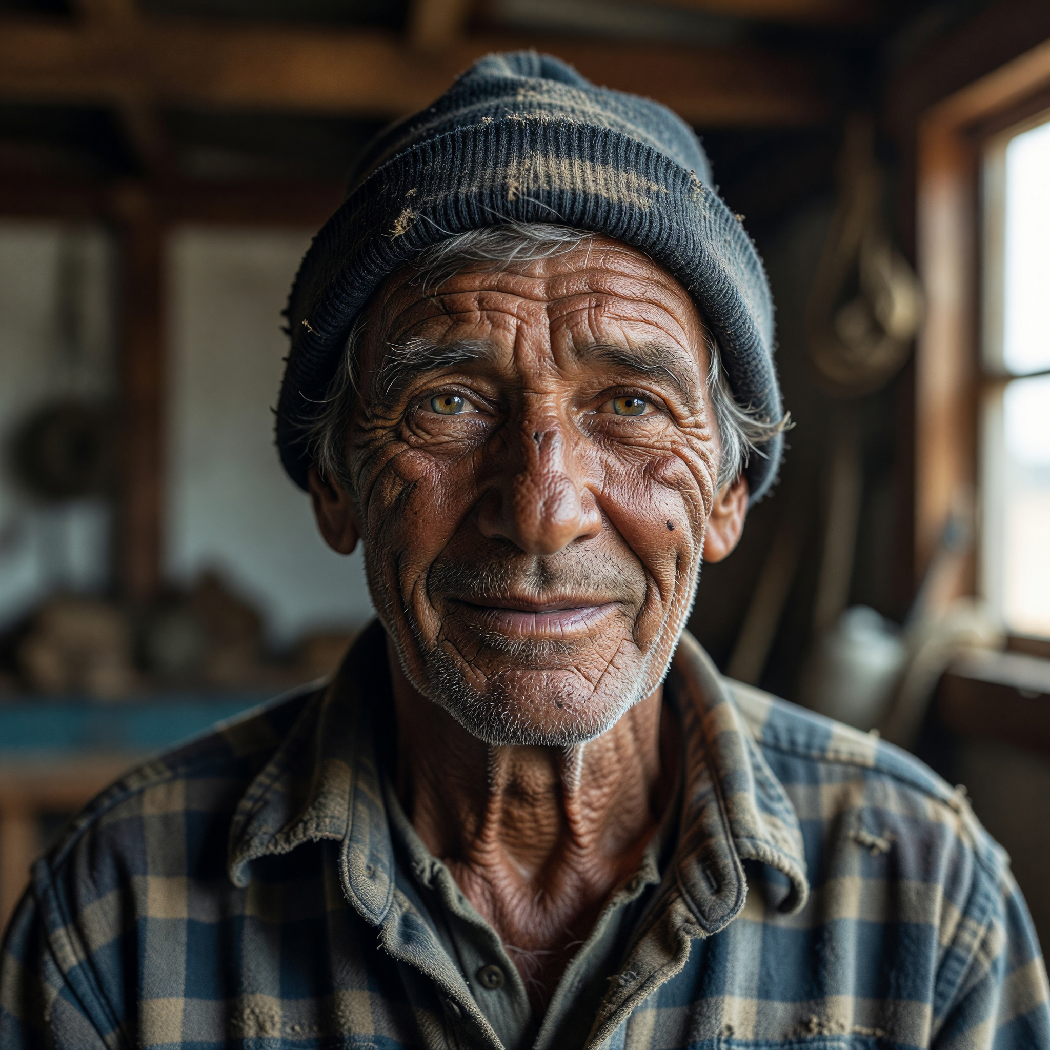 Weathered Fisherman with Warm Gaze in Rustic Setting