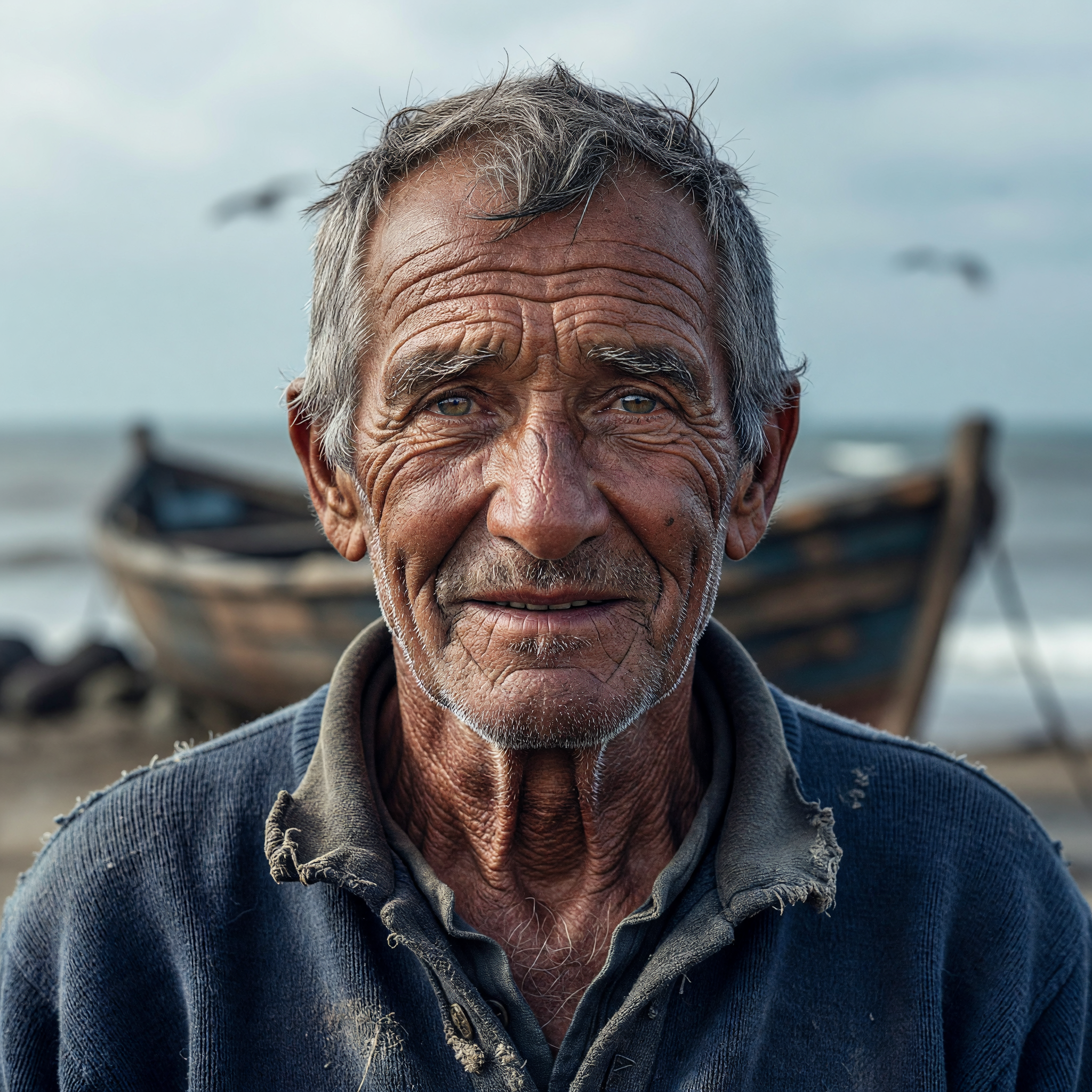 Weathered Gaze of an Elder Fisherman by the Sea