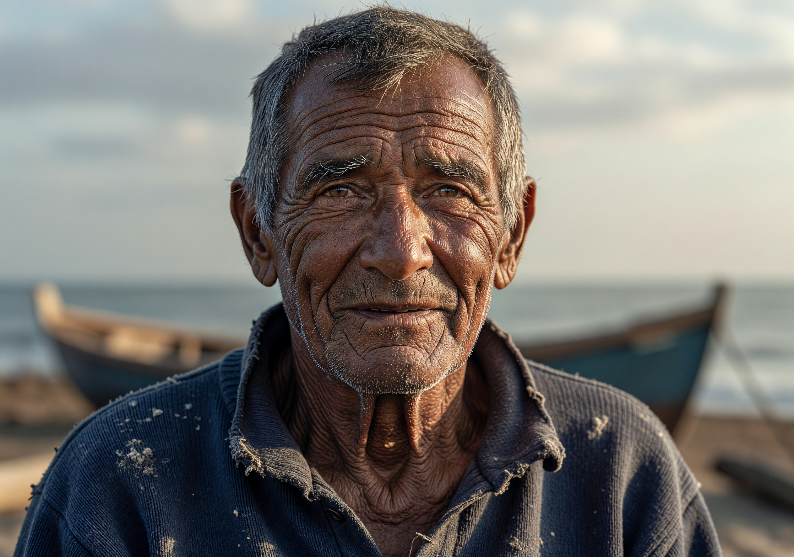 Weathered Gaze of an Elderly Fisherman by the Sea