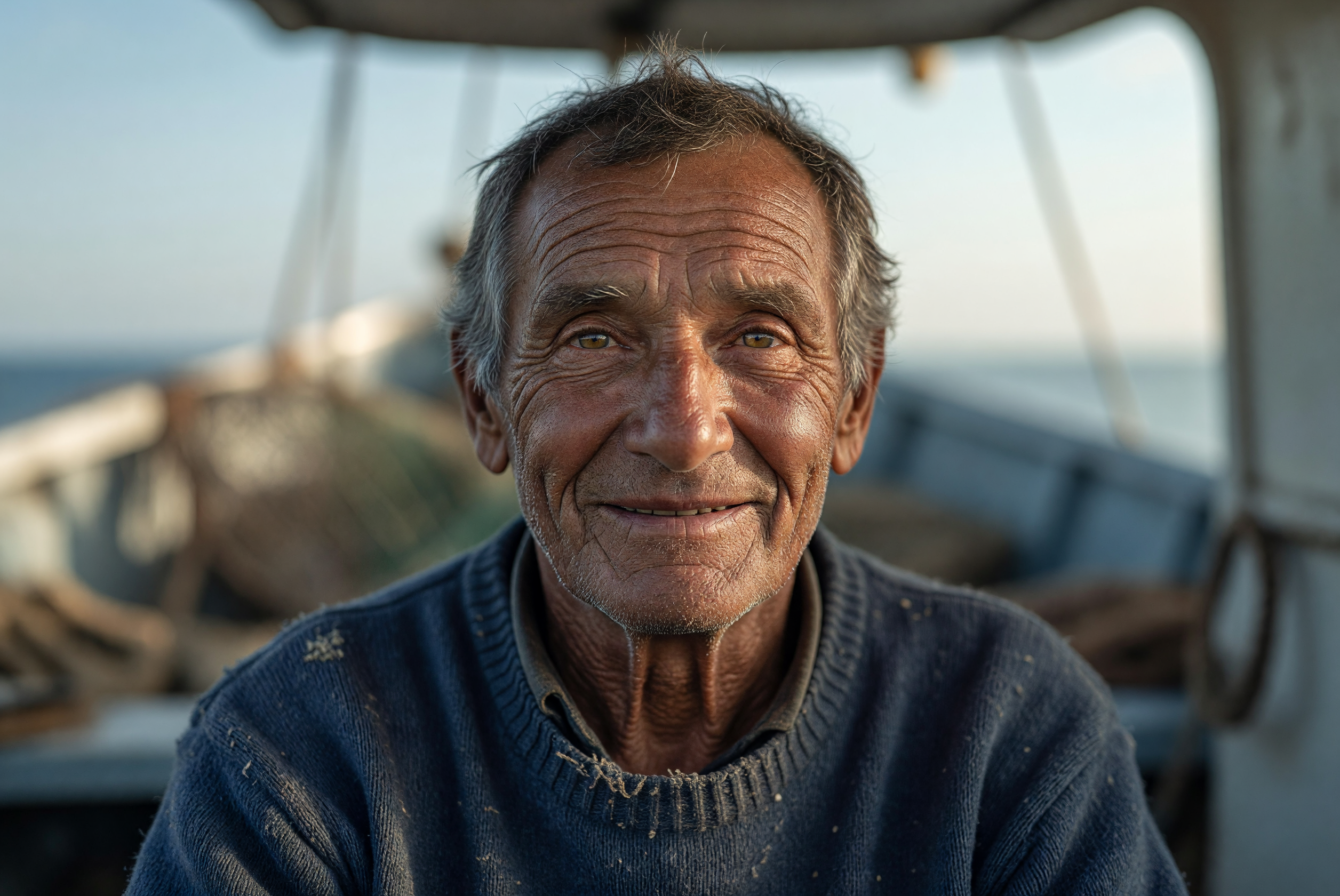 Weathered Gaze of an Elderly Fisherman on Boat