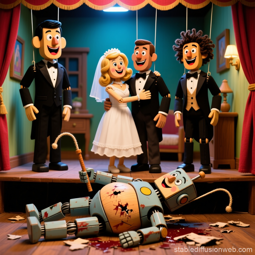 Wedding Puppets on Stage with Broken Robot