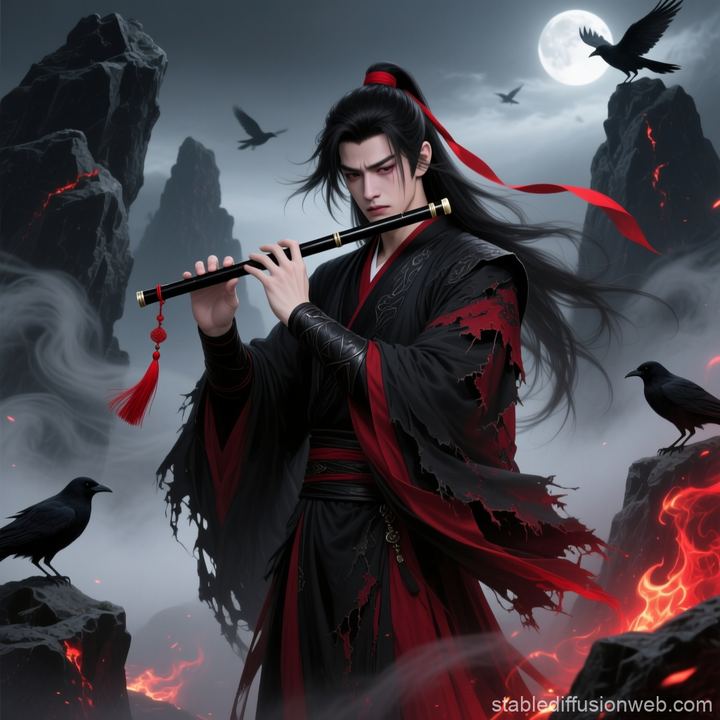 Wei Wuxian Mourning with Flute in Dark Volcanic Landscape