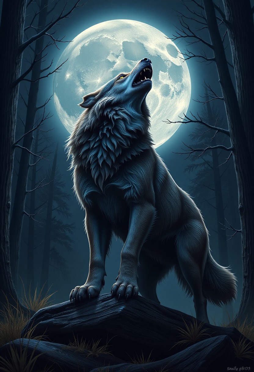 Werewolf Howling at Full Moon in Dark Forest