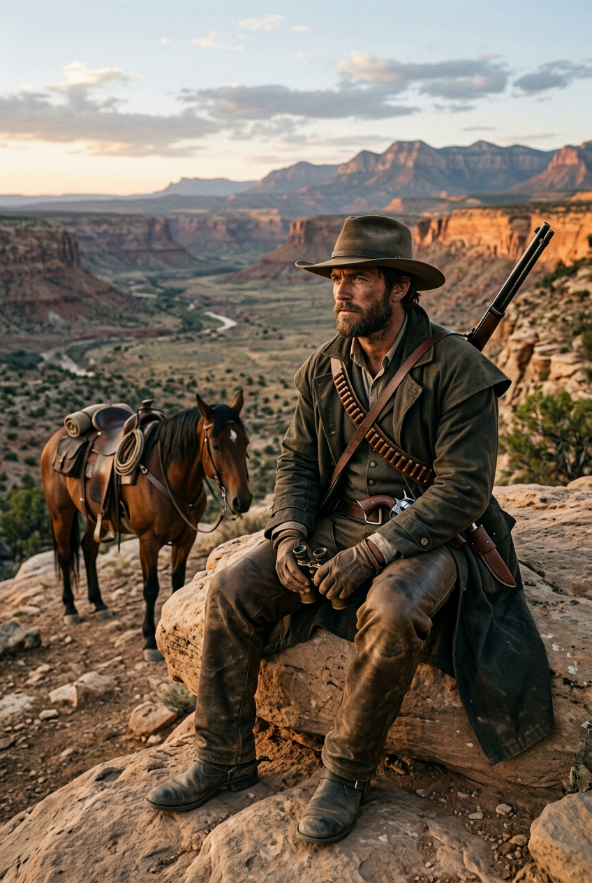 Western Cowboy Resting on Rocky Cliff with Horse